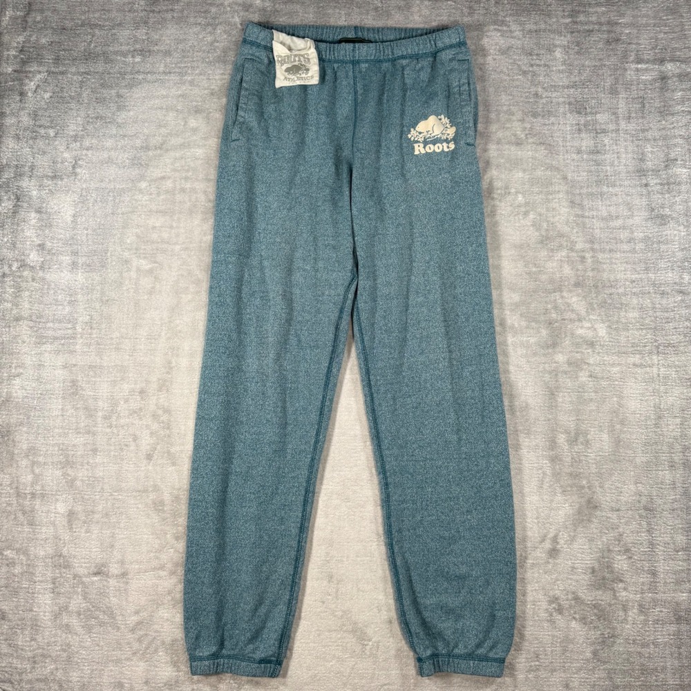 Roots Sweatpants Women Medium Teal Blue Salt and Pepper Logo Joggers Loungewear